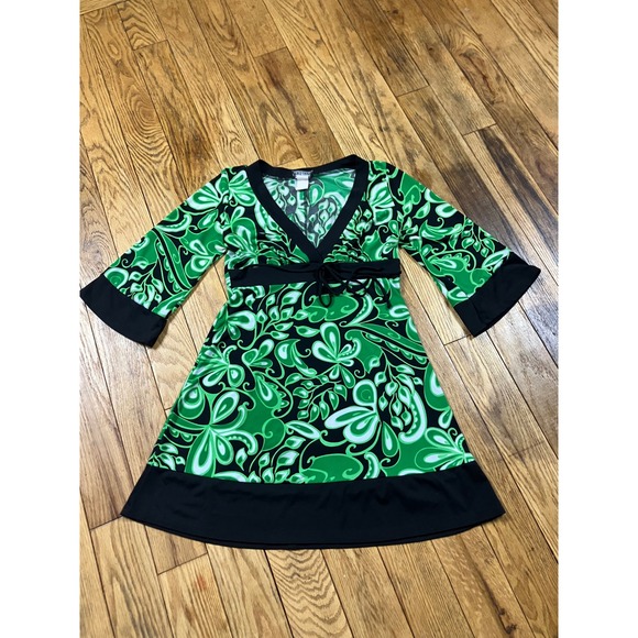 Wet Seal Dresses & Skirts - Y2K Wet Seal Green‎ Floral Paisley Mini Dress 3/4 Sleeve Tie Waist Party Cute